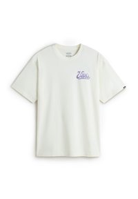 Camiseta de algodón blanca con cuello redondo, que presenta un logo gráfico púrpura en el lado izquierdo del pecho. Mangas cortas y un ajuste relajado.