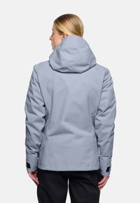 Light gray waterproof jacket with a hood, featuring a smooth texture, adjustable cuffs, and a small green logo detail on the side.