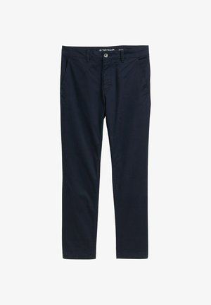 Navy cotton trousers with a straight fit, featuring side pockets, belt loops, and a button closure at the waistband. Smooth texture.