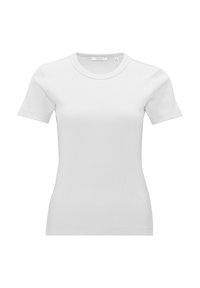T-shirt bianco a maniche corte in tessuto a coste, con scollatura rotonda e silhouette aderente, senza motivi o accenti prominenti.
