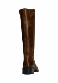 Brown leather knee-high boot featuring a smooth finish, rounded toe, and a low, chunky heel. Includes a side seam and pull tab.
