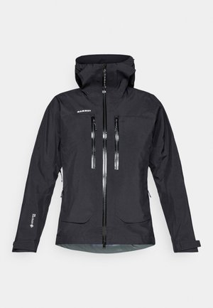 Schwarze wasserdichte Jacke mit Kapuze, ausgestattet mit zwei vorderen Reißverschlusstaschen, verstellbaren Bündchen und reflektierenden Reißverschlüssen für bessere Sichtbarkeit.