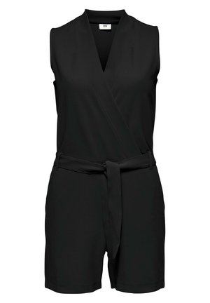 Sort ærmeløs playsuit med V-hals design, bælte i taljen, omslagsstil og glat stoftekstur, der har shorts med en ren afslutning.