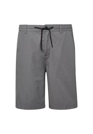 Sivé šortky vyrobené z ľahkého materiálu, s elastickým pásom a čiernou šnúrkou na stiahnutie, s jednoduchým, rovnými nohavicami.