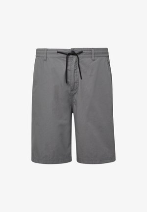 Pelēki šorti no gaismas auduma, ar elastīgu jostu un melnu saites auklu, kā arī vienkāršu, taisnu kāju dizainu.