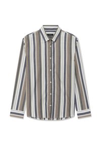 Srajca z dolgimi rokavi, s čistimi gumbi in vertikalnimi črtami v beli, bež, mornarski modri in olivno zeleni barvi na enobarvni podlagi.