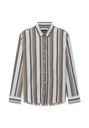 Pikaaka t-särk pikaliste varrukatega, millel on vertikaalsed triibud valges, beežis, mereväe sinises ja oliivrohelises ühtlasel taustal.