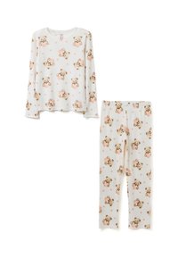 Pyjama blanc deux pièces pour enfants avec des manches longues et un pantalon, ornés d'un motif d'oursons tenant des cœurs roses et de petits cœurs roses.