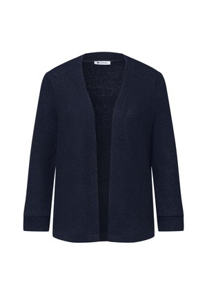 Tummansininen avoin neuletakki, jossa pitkät hihat ja resorireunukset, pehmeä neulottu materiaali, merkki "Street One" kauluksen sisäpuolella.