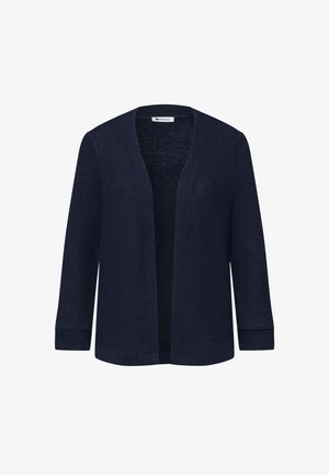 Dunkel marinefarbener Cardigan mit offenem Vorderteil, langen Ärmeln und gerippten Bündchen, gestrickter weicher Stoff, Etikett "Street One" innen im Kragen.
