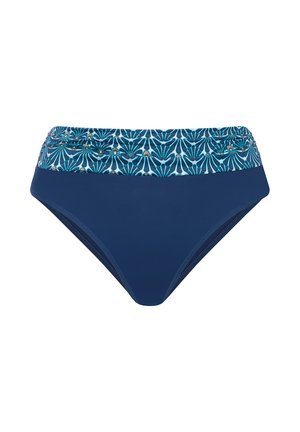 Dół bikini damski w kolorze granatowym z szerokim marszczonym paskiem w kwiatowy wzór w odcieniach niebieskiego i aqua.