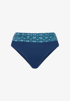 Dół bikini damski w kolorze granatowym z szerokim marszczonym paskiem w kwiatowy wzór w odcieniach niebieskiego i aqua.