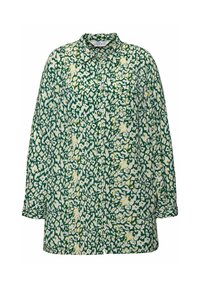Zelená květinová košile s button-up designem, zdobená vzorem bílých a žlutých květin, dlouhými rukávy a límečkem. Hladká textilie.