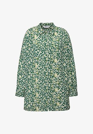 Groene bloemenoverhemd met een knoopsluiting, voorzien van witte en gele bloemenpatronen, lange mouwen en een kraag. Soepele stoftextuur.