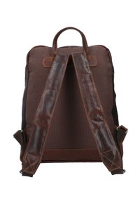 Sac à dos en toile marron avec des sangles et des accents en cuir marron foncé, dotée d'une poignée supérieure et de détails de couture. Design minimaliste.