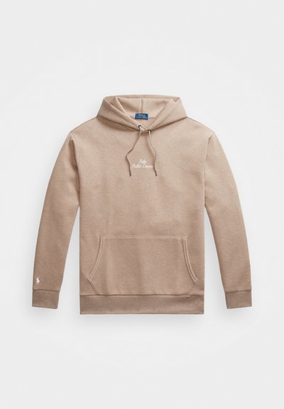 Felpa beige con cappuccio e cordino, tasca frontale e logo ricamato. Realizzata in materiale morbido, presenta polsini e orlo a coste.