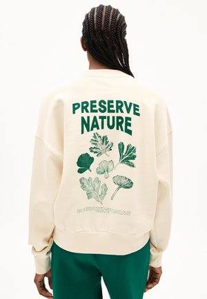 Beige sweatshirt featuring “PRESERVE NATURE” text in green. Back design includes various leaf illustrations and a message about sustainability.