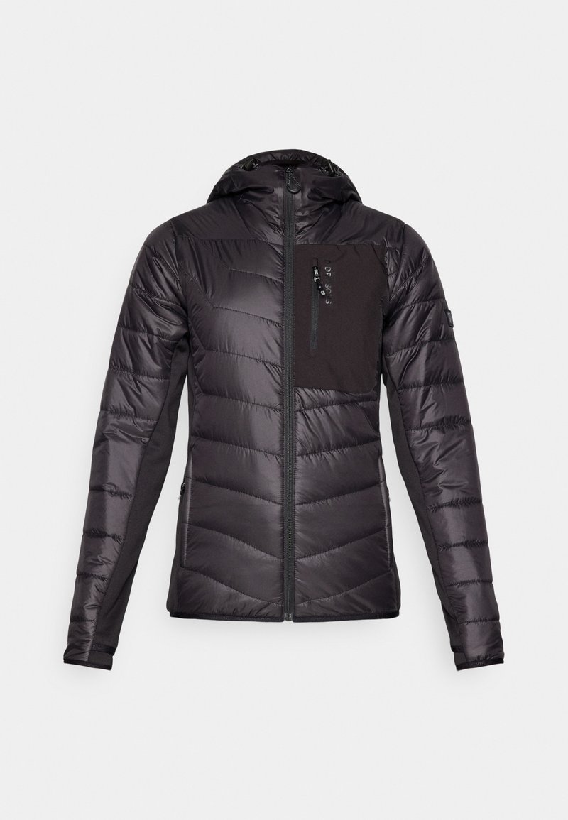 Schwarze Daunenjacke mit Reißverschluss vorne, Kapuze, schrägem Steppdesign und einer kontrastierenden schwarzen Brusttasche. Verfügt über elastische Bündchen und Saum.