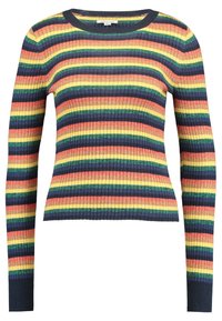 Gestreifter, langärmeliger Pullover mit Rippstruktur in bunten horizontalen Streifen (rot, gelb, grün) auf navyfarbigem Hintergrund. Mit Rundhalsausschnitt.