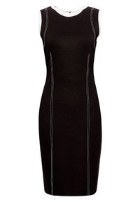 Czarna bezrękawnikowa sukienka z białym przeszyciem, dopasowany krój, okrągły dekolt i gładka tekstura materiału. Długość do połowy łydki.