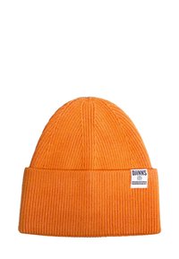 Orange ribbed beanie hat with a folded cuff. Fabric is textured. Features a white label with black text on the side.