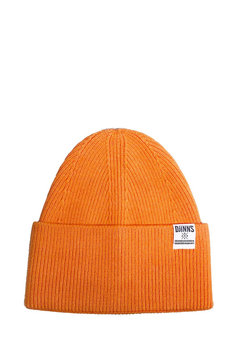 Orange ribbed beanie hat with a folded cuff. Fabric is textured. Features a white label with black text on the side.