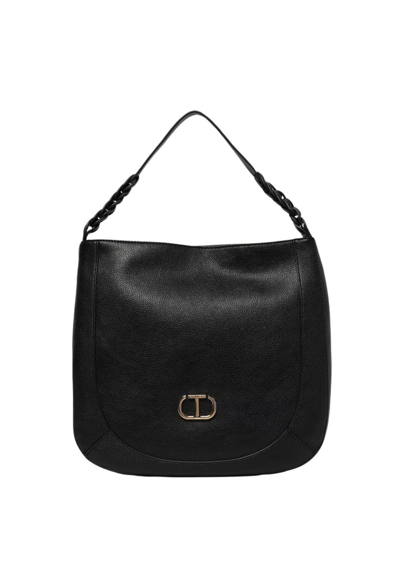 Borsa a tracolla in pelle nera con un design morbido, tracolla intrecciata e un accento logo in tonalità oro sul fronte. Texture liscia, forma minimalista.