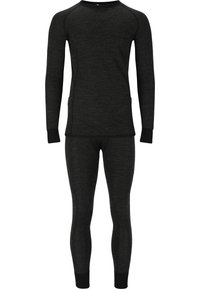 Svart termisk långärmad topp och matchande leggings. Tillverkad av mjukt, strukturerat tyg med en figurnära design och kontrasterande mudd.