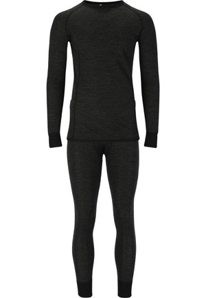 Schwarzes thermisches Langarmoberteil und passende Leggings. Hergestellt aus weichem, strukturiertem Stoff mit einer körperbetonten Passform und kontrastierenden Bündchen.