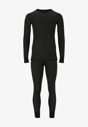 Schwarzes thermisches Langarmoberteil und passende Leggings. Hergestellt aus weichem, strukturiertem Stoff mit einer körperbetonten Passform und kontrastierenden Bündchen.