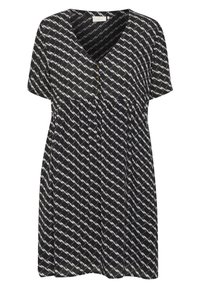 Schwarzes Kleid mit V-Ausschnitt, kurzen Ärmeln und einem sich wiederholenden weißen Muster abstrakter Formen, mit drei goldfarbenen Knöpfen auf der Vorderseite.