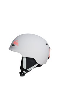 Witte skifhelm met een matte afwerking, grijze kinband en verstelbare gesp. Voorzien van een klein roze logo aan de zijkant en ventilatiesleuven.