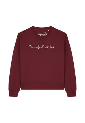 Burgunderfarbener Sweatshirt mit langen Ärmeln, Rundhalsausschnitt und gerippten Bündchen. Auf der Vorderseite steht in weißem Text: "So einfach ist das." Weicher, strukturierter Stoff.