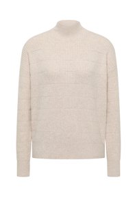 Beige neulepaita, jossa on korkea kaulus, pitkät hihat, vaakasuora tekstuurikuosi sekä ribbireunat hihansuissa ja helmassa.