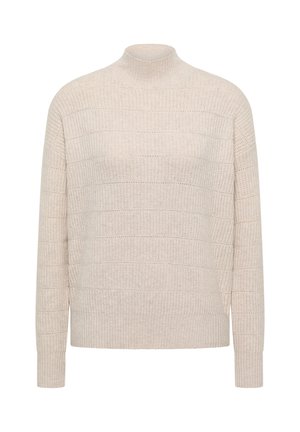 Suéter de punto beige con cuello alto, mangas largas, patrón texturizado horizontal y puños y dobladillo acanalados.