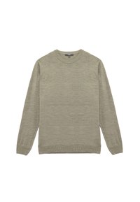 Ljus olivgrön stickad tröja med rund halsringning, långa ärmar samt ribbad mudd och nederkant. Mjuk textur och minimalistisk design.