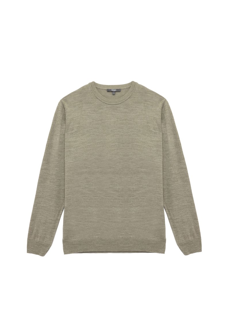 Ljus olivgrön stickad tröja med rund halsringning, långa ärmar samt ribbad mudd och nederkant. Mjuk textur och minimalistisk design.