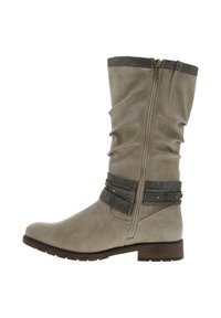 Botte haute en cuir gris au niveau du genou avec un design décontracté, fermeture éclair latérale, lanières décoratives grises avec clous, et un petit talon en bois.