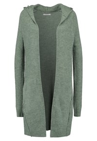 Lång, öppen framsida, salviagrön stickad cardigan med huva och ribbade ärmslut och nederkant.