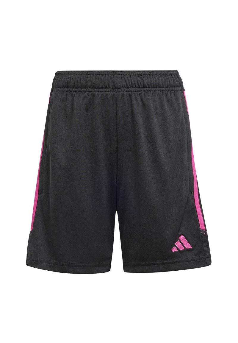 Schwarze sportliche Shorts mit rosa Seitenstreifen, einem elastischen Bund und einem Logo-Akzent unten rechts. Leichtes Material.