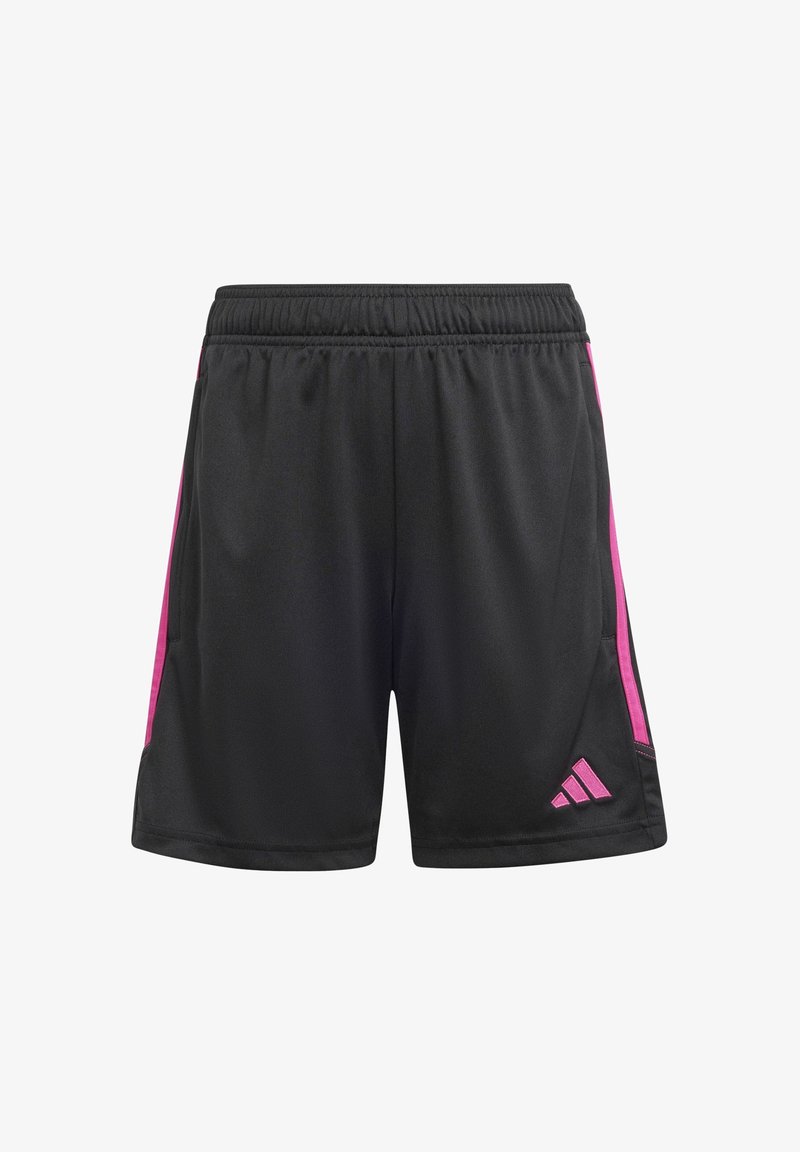 Svarta sportshorts med rosa sidostrikar, elastisk midja och en logotyp på nedre högra delen. Lättviktig material.