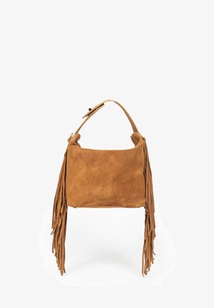 Brązowa zamszowa torebka z długimi frędzlami po obu stronach oraz pojedynczym uchwytem górnym z klamrą.