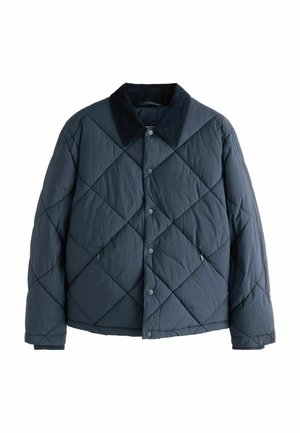 Quilted dark navy jacket with a corduroy collar, featuring snap buttons and diagonal diamond pattern, long sleeves, and side pockets.