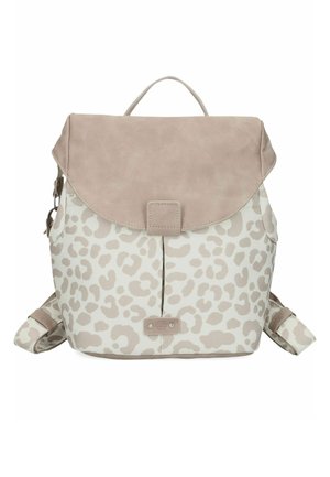 Zaino beige e bianco con stampa leopardata, chiusura a patta, manico superiore e spallacci regolabili.