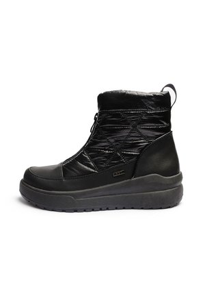 Black ankle boots feature a quilted upper with a smooth leather trim, round toe, low platform sole, and a pull tab at the back.