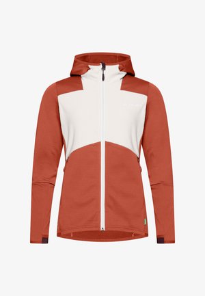 Rode en witte hooded jas met een frontale rits, textuurstofsecties en zijzakken, met contrasterende paneelontwerpen en groene accenten.