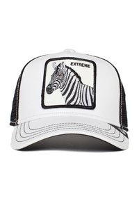Gorra de camionero blanca con lados de malla negra, que presenta un diseño de cebra bordado en un parche cuadrado y la palabra "EXTREME" arriba.