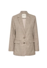 Blazer a cuadros beige con solapa de muesca, cierre de dos botones y dos bolsillos frontales. Textura suave, corte entallado y diseño estructurado.