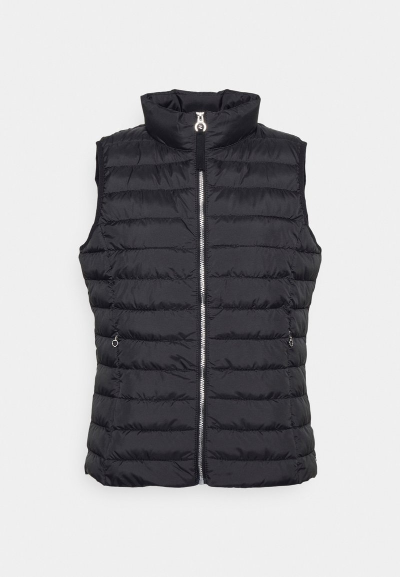 Czarna kamizelka puchowa z wysokim kołnierzem, zamkiem z przodu i bez rękawów. Posiada poziome pikowanie oraz dwie boczne kieszenie.