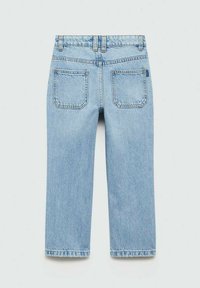 Jeans in denim blu chiaro con design a gamba dritta, caratterizzati da due tasche posteriori e una vita con passanti per la cintura. Nessun motivo o accento particolare.